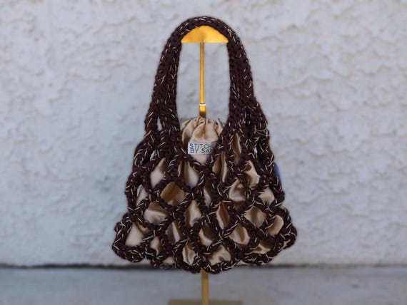 Handmade Brown & Gold Crochet Net Bag with Attached Satin Inner Pouch – Drawstring Layered Purse, Statement Shoulder Bag, Gift For Her