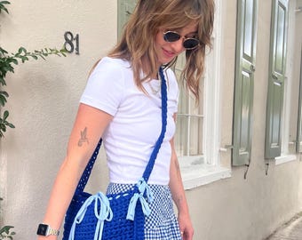 Handmade Crochet Shoulder Bag with Light Blue Bows, Coquette Bow Purse, Royal Blue Hand Knit Bag, Statement Accessory, Gift for Her