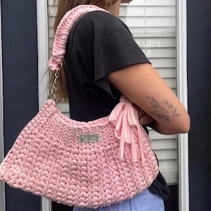 Sac au crochet fait main, sac à main coquette rose pâle avec noeud, sac ballerine en tricot, fil pour t-shirt féminin, sac à main cottagecore