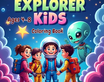 May include: A colorful children's coloring book titled "SPACE EXPLORER KIDS" with the number 2. The cover features cartoon astronauts, aliens, and the text "Ages 4-8". The background is a starry night sky with clouds.