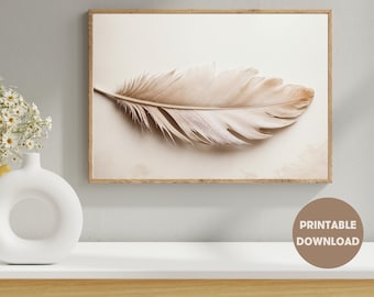 Impresión de arte mural con plumas, descarga de impresión digital. Decoración minimalista bohemia y escandinava. Obra de arte moderna. Pluma susurrada.