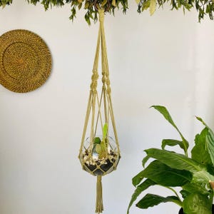 Könnte beinhalten: Ein hängender Makramee-Pflanzenhalter in hellem Beige, der ein klares Glas-Terrarium trägt. Das Terrarium enthält kleine Kakteen und Kieselsteine. Der Halter ist an einem Metallring aufgehängt und hat eine Quaste am Boden.