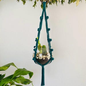 Könnte beinhalten: Ein tealfarbener Makramee-Pflanzenaufhänger mit einem Glasterrarium, das einen Kaktus und kleine weiße Steine enthält. Der Aufhänger ist an einem Metallring aufgehängt und mit dekorativen Knoten verziert. Der Pflanzenaufhänger hängt vor einer weißen Wand.