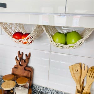 Macrame fruit hammock under the cabinet, Double compartment fruit basket, Fruit hanger, Boho kitchen product storage, Product storage