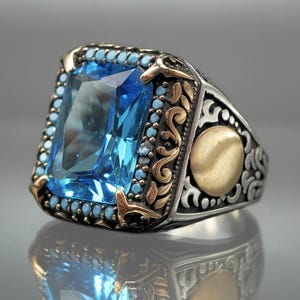 Bague pour homme en argent sterling 925 avec aigue-marine : bijoux turcs faits main