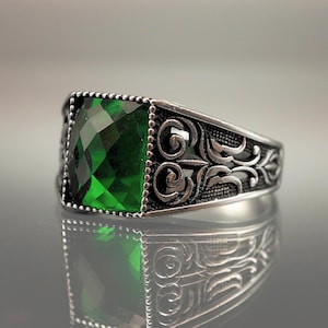 Handmade Emerald Sterling Silver Signet Ring - Turkish Design