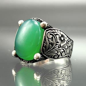 Green Agate Silver Men Ring, Handmade 925 Sterling Ring, Natural Gemstone Jewelry, Turkish Silver Craft, Bold Stone Ring, Gift For Him