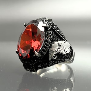 Ruby Angry Eagle Silver Men Ring, Vintage Eagle Silver Jewelry, Gift For Him, Red Ruby Gemstone Ring, Men Handmade Statement Eagle Ring