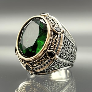 Emerald Sterling Silver Men&#39;s Ring: Turkish Handmade Ottoman Style