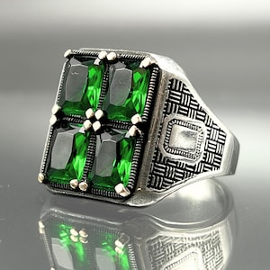 Emerald 925 Sterling Silver Men&#39;s Ring - Turkish Handmade