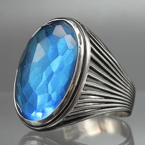 Bague pour homme faite main en argent sterling 925 aigue-marine - Design turc