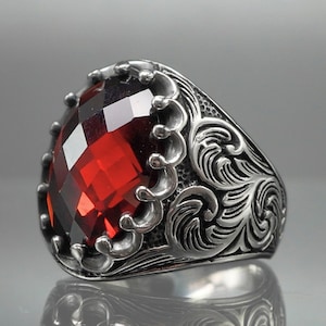 Hand Engraved Ruby Mens Ring: 925 Sterling Silver, Turkish Handmade