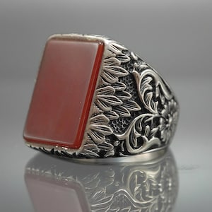 Agate Gemstone Sterling Silver Ring, Men Handmade Ring, Gift For Him, Red Agate Stone Ring, Silver Men Jewelry, Vintage Silver Ring