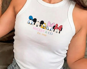 Pastel Mickey Co Tank, Disney Friends Spring Baby Tee, Retro Summer Pink Minnie Donald, Womens Cute Pluto Daisy Disney Crop Tee