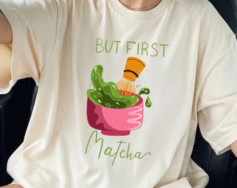 Comfort Colors® But First Matcha Club Tee – Iced or Hot Matcha Lover Shirt, Cafe Aesthetic Graphic Tee, Trendy Green Tea T-Shirt for Women