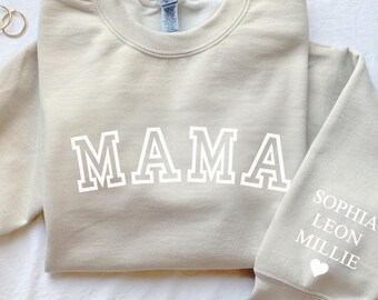 Personalized Mama Sweatshirt with Kid Names on Sleeve, Mothers Day Gift, Birthday Gift for Mom, New Mom Gift, Minimalist Cool Mom Sweater