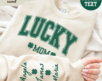 St. Patrick's Day Lucky Family Shirt, Mama Shamrock Tee, Irish Family Custom Name on the Sleeve Matching Shirts,Lucky Mama Shirt,Lucky Vibes