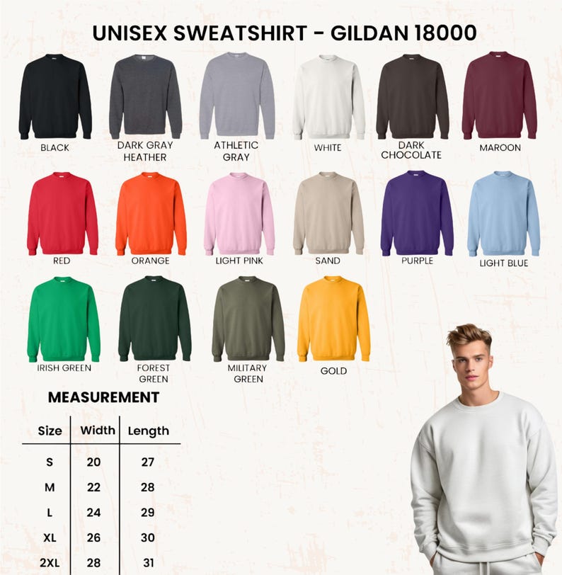 May include: A selection of Gildan 18000 unisex sweatshirts in various colors, including black, gray, red, orange, and green. The image also displays a measurement chart with sizes ranging from S to 2XL, with widths from 20 to 28 inches and lengths from 27 to 31 inches.