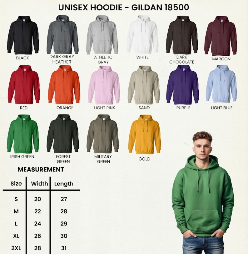 May include: A selection of unisex Gildan 18500 hoodies in various colors, including black, gray, red, and green. The image also displays a measurement chart with sizes ranging from S to 2XL, with widths from 20 to 28 inches and lengths from 27 to 31 inches.