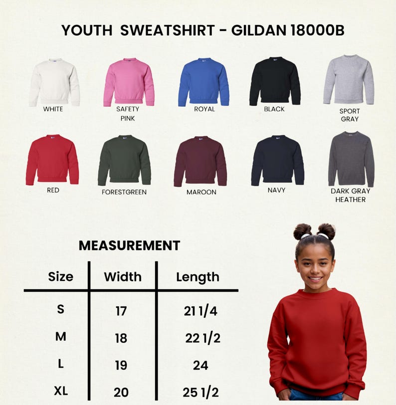 May include: A youth sweatshirt in various colors, including white, pink, royal blue, and black. The image displays a size chart with measurements in inches and a young person wearing a red sweatshirt. The text reads "YOUTH SWEATSHIRT - GILDAN 18000B."