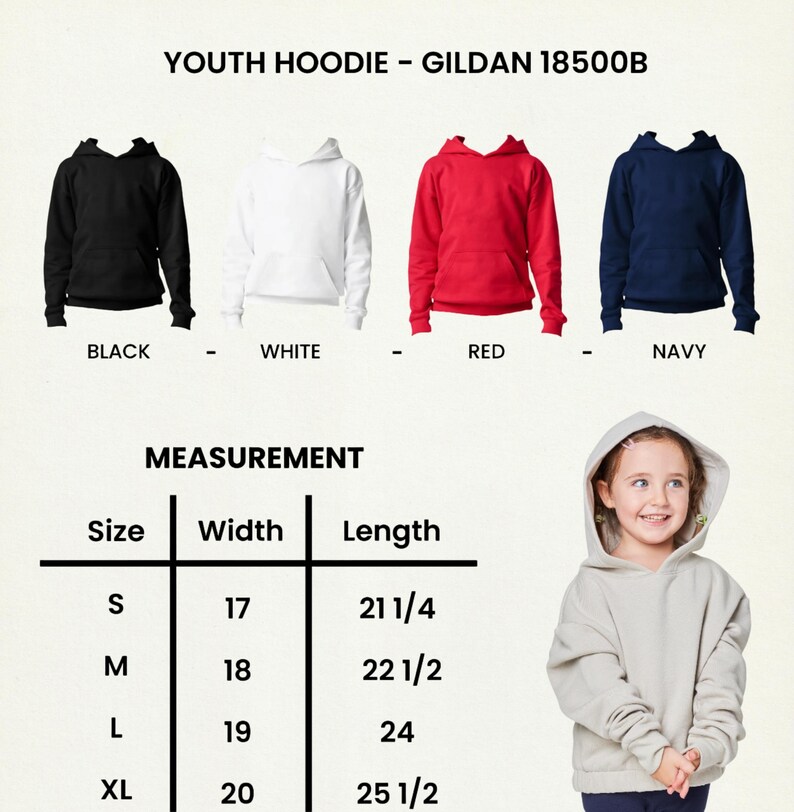 May include: Youth hoodies in black, white, red, and navy blue. The image includes a size chart with measurements in inches for width and length, ranging from size small to extra-large. The text "YOUTH HOODIE - GILDAN 18500B" is at the top.