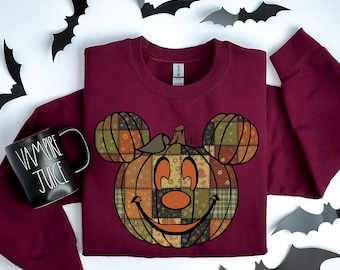 Bluza z nadrukiem dyni na Halloween w stylu retro patchwork, koszulka z dynią na Halloween, sweter na upiorny sezon, uroczy strój damski na Halloween, prezent na Halloween