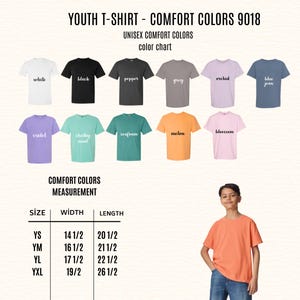 May include: A colour chart for youth Comfort Colors 9018 unisex t-shirts. The chart displays various colours, including white, black, pepper, grey, orchid, and blue jean. Measurements are provided in inches for sizes YS, YM, YL, and YXL.
