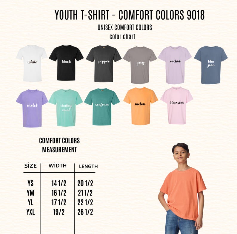May include: A colour chart for youth Comfort Colors 9018 unisex t-shirts. The chart displays various colours, including white, black, pepper, grey, orchid, and blue jean. Measurements are provided in inches for sizes YS, YM, YL, and YXL.