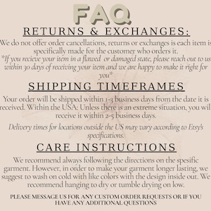 May include: Cream-colored graphic with the text "FAQ" at the top, followed by sections on returns, shipping, and care instructions. The text is in a dark brown serif font against a cream background.
