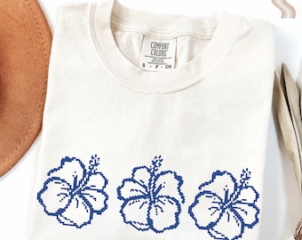 Comfort Colors® Piksel Hibiscus Flower T-Shirt: Tropical Beach Tee, Tropical Floral T-Shirt,Hawaii Vacation Beach Tee, Summer Vibes Shirt