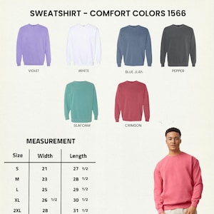 May include: A range of crewneck sweatshirts in colours such as violet, white, blue jean, pepper, seafoam, and crimson. The image includes a size chart with measurements in inches for width and length, which are approximately equivalent to cm.