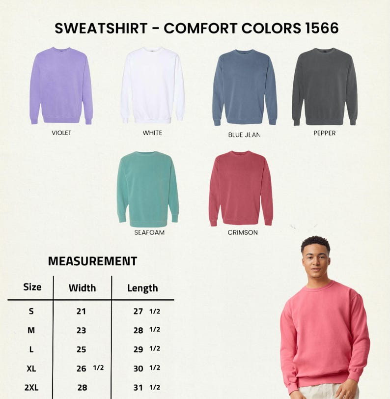 May include: A range of crewneck sweatshirts in colours such as violet, white, blue jean, pepper, seafoam, and crimson. The image includes a size chart with measurements in inches for width and length, which are approximately equivalent to cm.