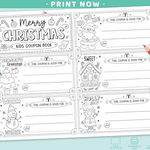 May include: Black and white printable Christmas coupon book for kids. The coupon book includes illustrations of Santa Claus, a snowman, and an elf. The text includes "Merry Christmas" and "Kids Coupon Book".