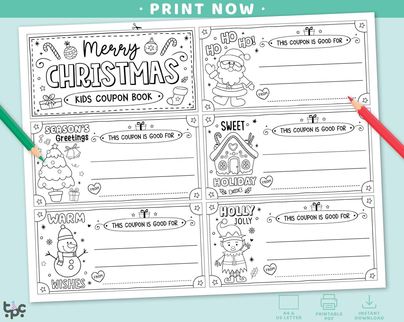 Christmas Coupon Book | Printable Kids Gift Ticket Coloring Page | Fill ...