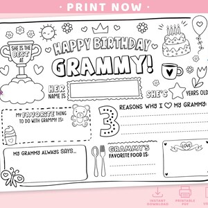 Alles Gute zum Geburtstag Grammy Malseite | Druckbar Alles über meine Oma Ausfüllen Vorlage | Oma Geburtstagskarte für Kinder | DIY Geschenk für Grammy