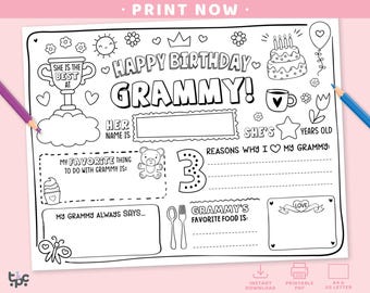 Happy Birthday Grammy Coloring Page | Printable All About My Grandma Fill In Template | Granny Birthday Card for Kids | DIY Gift for Grammy
