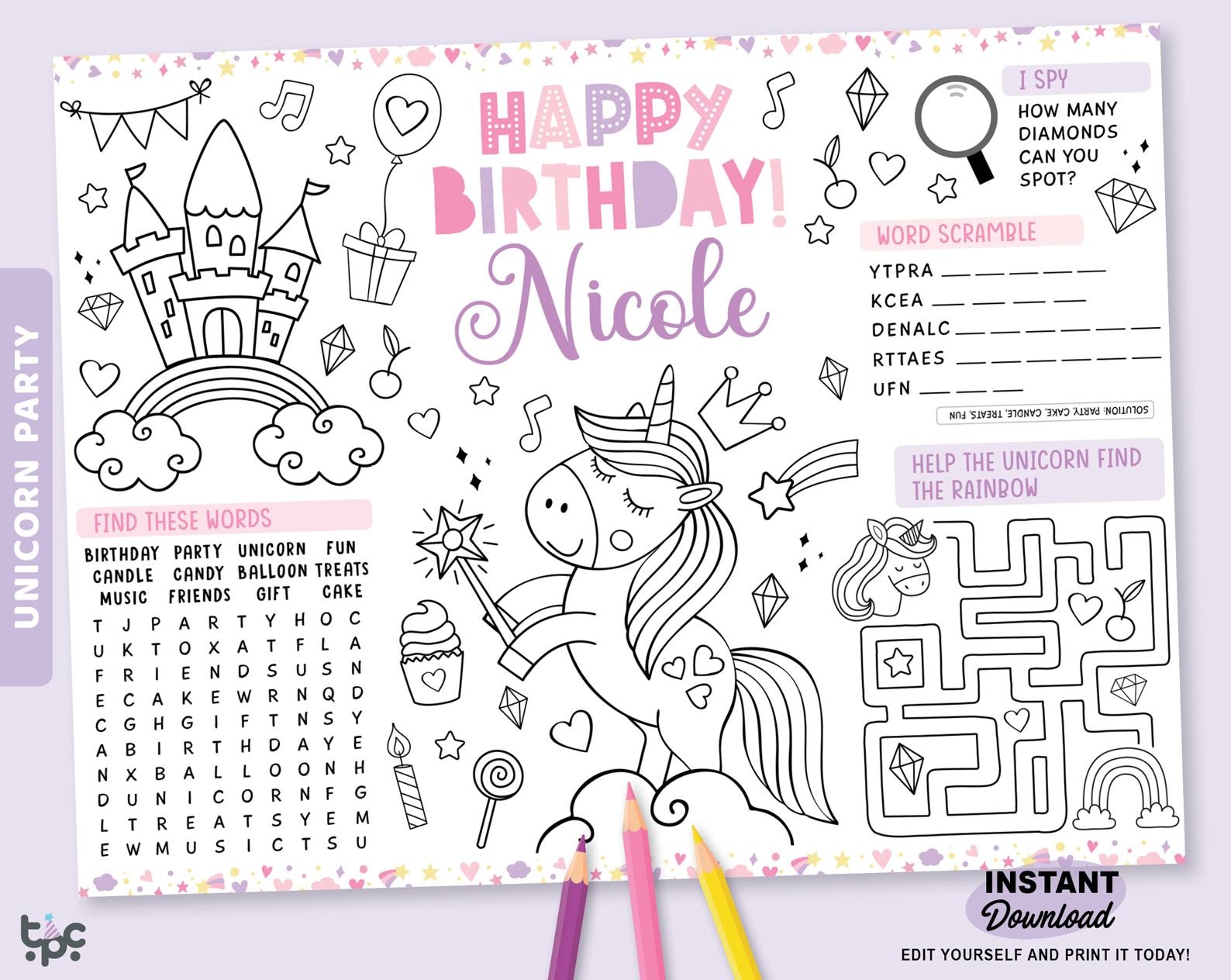 Editable Unicorn Party Coloring Placemat | Printable Pink Rainbow ...