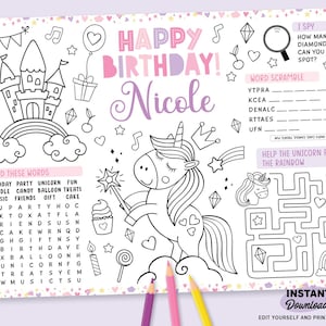 May include: A black and white unicorn-themed activity sheet with the words "Happy Birthday Nicole" in pink and purple. Includes a maze, word scramble, and "I Spy" game. Features a castle, rainbow, and unicorn illustrations. Includes the text "Instant Download".