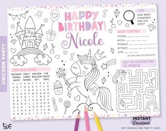 May include: A black and white unicorn-themed activity sheet with the words "Happy Birthday Nicole" in pink and purple. Includes a maze, word scramble, and "I Spy" game. Features a castle, rainbow, and unicorn illustrations. Includes the text "Instant Download".
