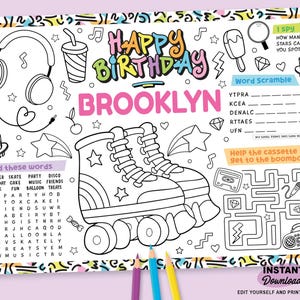 May include: A black and white roller skating party activity sheet with the words "Happy Birthday Brooklyn" in colourful letters. Includes word puzzles, a maze, and a "find these words" game. Features roller skates, stars, and music notes.