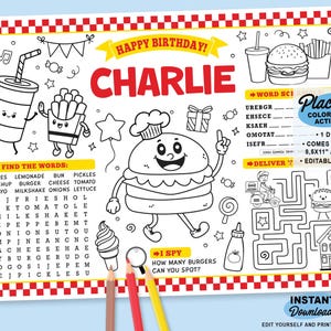Editable Burger Party Placemat | Printable Burger Party Coloring Page | Hamburger Birthday Themed Worksheet | Personalized Party Favor