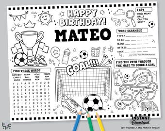 Editable Soccer Party Placemat | Printable Football Birthday Coloring Pages | Sports Activity Worksheet | Personalized Soccer Party Favor