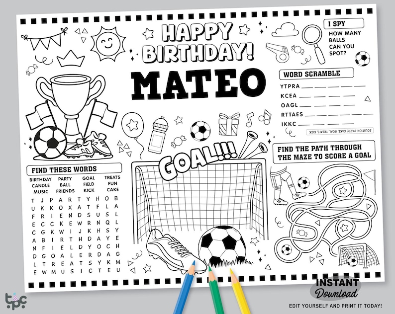 Editable Soccer Party Placemat Printable Football Birthday Coloring