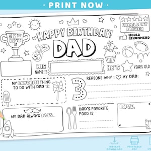 Gelukkige verjaardag papa kleurplaat | Activiteitenblad vader verjaardagskaart | Alles over opvullers | Vadercadeau | Afdrukbaar vadercadeau voor kinderen
