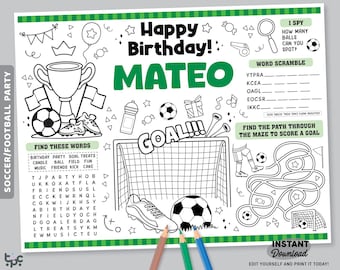 Bearbeitbares Fußball-Party-Tischset | Fußball Malseite Ausmalbilder | Sportparty-Aktivität Blatt | Personalisierte Fußball Gastgeschenk