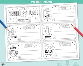 Vatertag Couponbuch | Druckbare Kinder Geschenk Papa Malseite | Füllen Sie die Blanks Gutschein Vorlage | Schlichtes Vatertags Gutschein-Set von 5