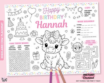 Eitable Highland Cow Birthday Coloring Placemat | Printable Holy Cow Party Page | Pink Farm Activity Template | Personalized Party Favor