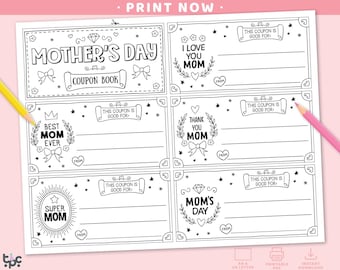 Libro de cupones para el Día de la Madre / Página para colorear imprimible para niños con diseño de regalo para mamá / Plantilla de cupón para completar / Juego de 5 cupones sencillos para el Día de la Madre