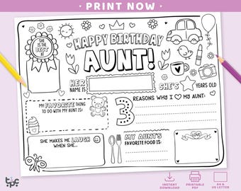 Happy Birthday Aunt Coloring Page | Printable All About my Aunt Fill In Template | Aunty Appreciation Activity | DIY Auntie Card for Kids