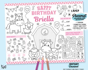 Jogo americano para colorir festa na fazenda rosa EDITÁVEL | Página de atividades para imprimir sobre aniversário de cowgirl | Modelo para colorir celeiro | Lembrancinha de festa personalizada
